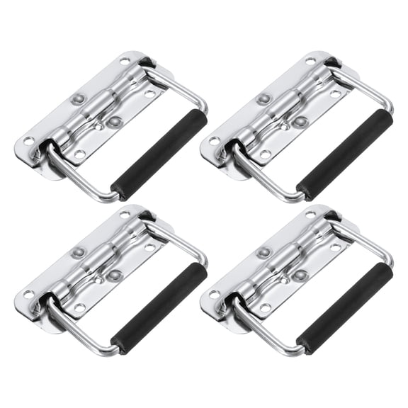 Uxcell 4.3inch Spring Loaded Handle, 4 Pcs Folding Heavy Duty Toolbox Pull Chest Handles With Rubber Surface Mount Folding Grip for Toolbox Chest Case Crates Storage Boxes, Silver Tone