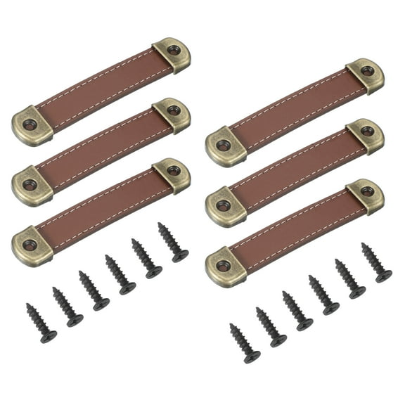 Uxcell 4.4" Leather Drawer Pulls with Iron Sheet, 6 Pcs Leather Strap Trunk Handle Knobs with 18mm Screws, Yellow