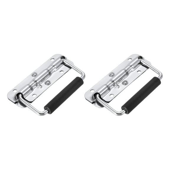 Uxcell 4.8inch Spring Loaded Handle, 2 Pcs Folding Heavy Duty Toolbox Pull Chest Handles With Rubber Surface Mount Folding Grip for Toolbox Chest Case Crates Storage Boxes, Silver Tone