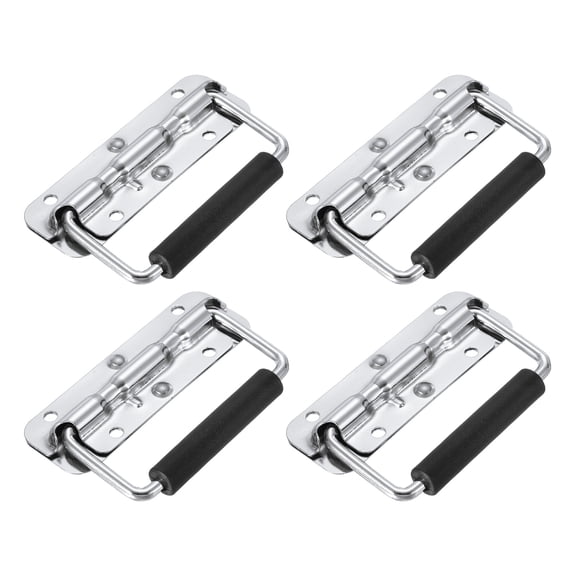 Uxcell 4.8inch Spring Loaded Handle, 4 Pcs Folding Heavy Duty Toolbox Pull Chest Handles With Rubber Surface Mount Folding Grip for Toolbox Chest Case Crates Storage Boxes, Silver Tone