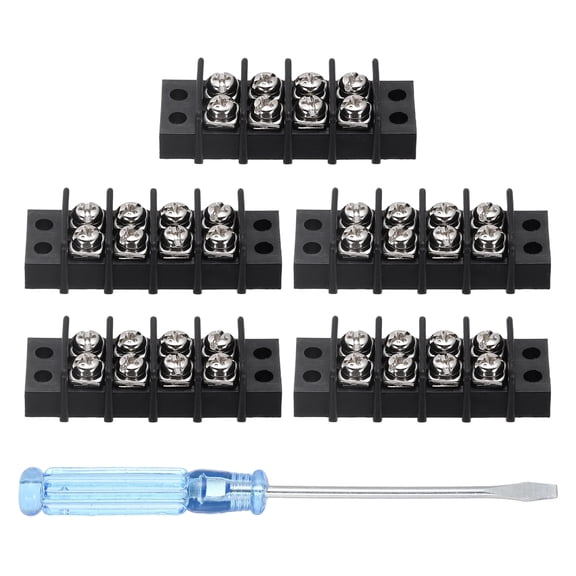 Uxcell 4 Circuits Screw Terminal Blocks, 300V 20A 9.5mm Pitch 4 Positions Dual Rows Terminal Strip with Flat Head Screwdriver for Electrical Wire Connecting, Pack of 5