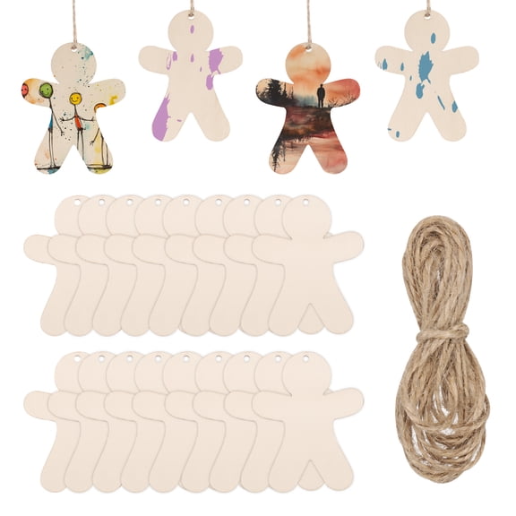 Uxcell 4" Height Natural Wooden People Cutouts, 32Pcs Blank People Shapes Unfinished Wood with Holes Ornaments & Jute Twine