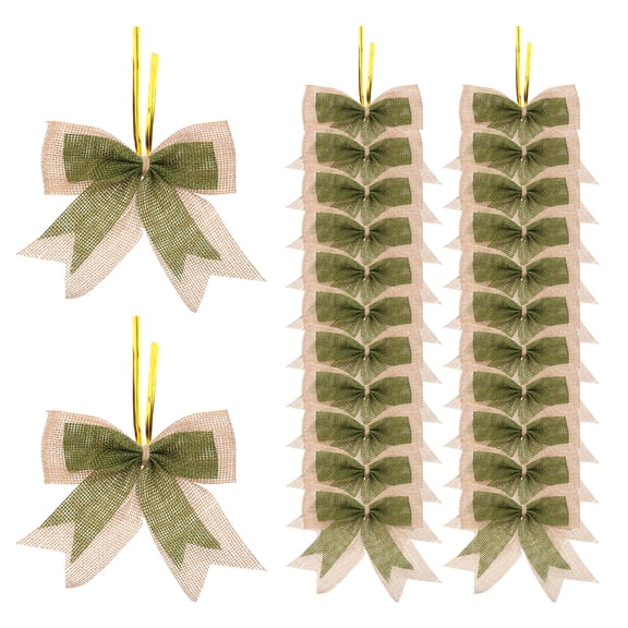 Uxcell 4 Inch Mini Burlap Bows for Crafts Handmade Bow Knot Pre-Tied Bowknot Beige/Green, 24 Pcs