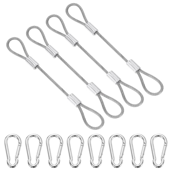 Uxcell 4 Inch Safety Cable Lock, 4 Pcs 304 Stainless Steel Security Wire Ropes Double Loop Anti-Theft Safety with 8 Spring Buckles for Bicycles Luggage Stage Lighting, Clear