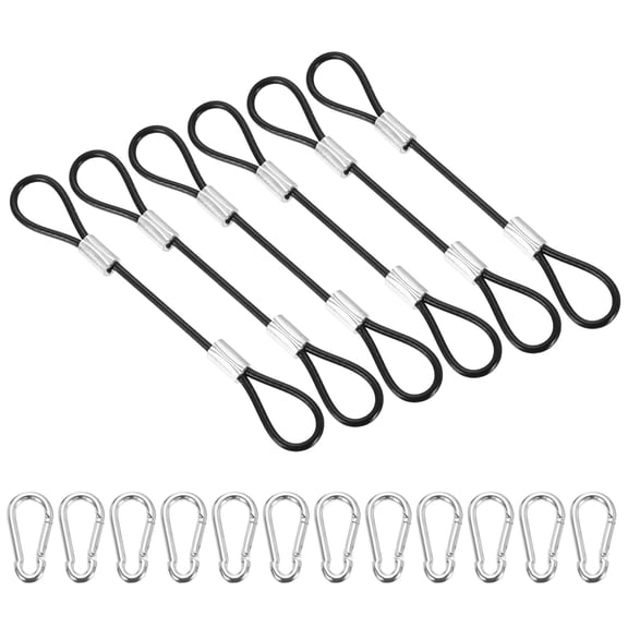 Uxcell 4 Inch Safety Cable Lock, 6 Pcs 304 Stainless Steel Security Wire Ropes Double Loop Anti-Theft Safety with 12 Spring Buckles for Bicycles Luggage Stage Lighting, Black