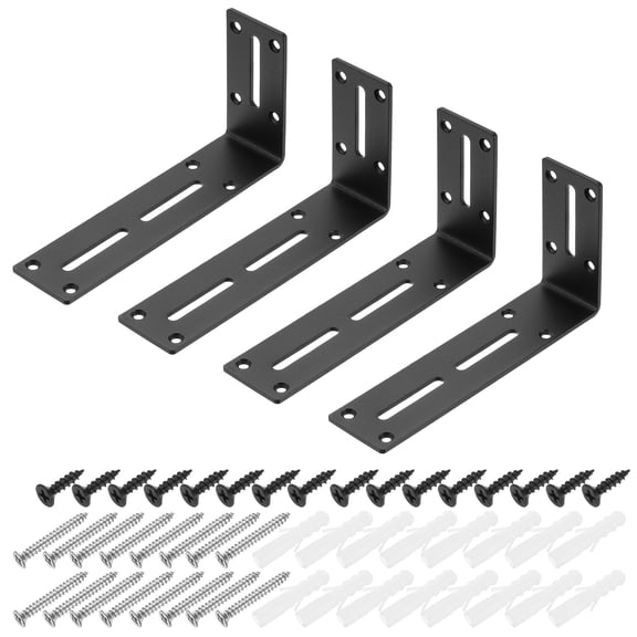 Uxcell 4 Pack Adjustable L-Shape Corner Brace, 90 x 180 x 45mm L Corner Brace Slotted Joint Right Angle Bracket with Screws for Fixing Furniture Wood Shelves Cabinet Shelf, Black