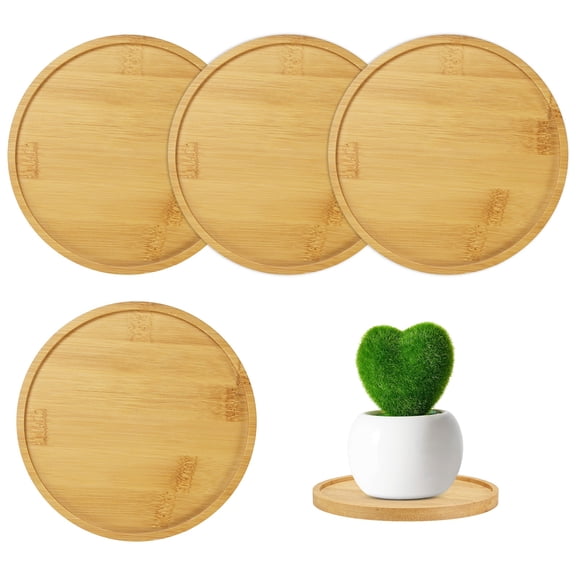 Uxcell 4-Pack Bamboo Plant Saucer, 5.31 Inch ID Round Flower Pot Plant Saucers for Indoor/Outdoor [5.71 Inch OD, Beige]