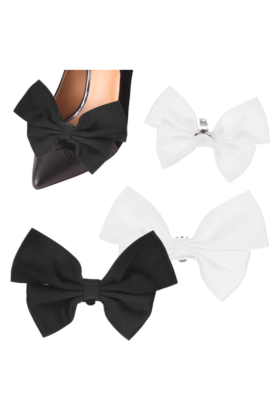 4-Pack Bow Shoe Clips, Satin Elegant Detachable Shoe Buckle Bridal Bow Heels Accessories [Black, White]