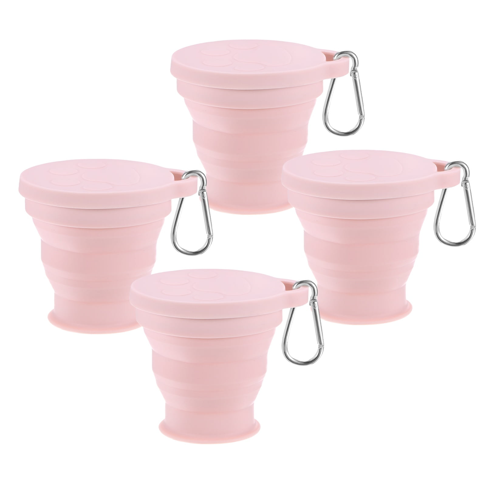 Uxcell 4 Pack Collapsible Travel Cup, 6oz(180ml) Silicone Cat Paw Portable Foldable Water Cup Bottle with Spring Buckle [Pink]