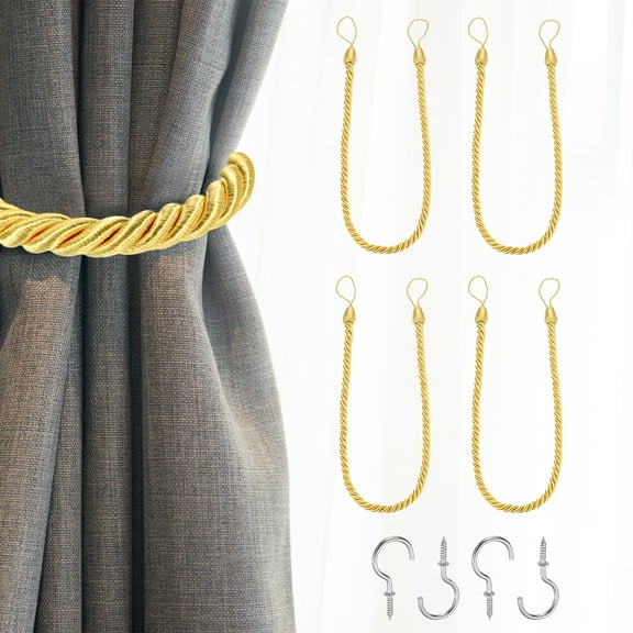 Uxcell 4 Pack Curtain Tiebacks, 74cm/29" Braided Drapery Holdback Holder Decorative Rope Tie Back with Metal Screw Hooks for Home Office Decor, Gold