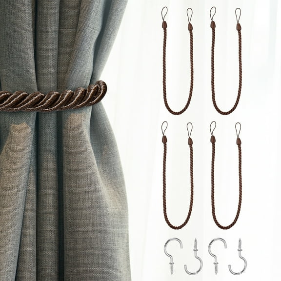 Uxcell 4 Pack Curtain Tiebacks, 75cm/29.5" Braided Drapery Holdback Holder Decorative Rope Tie Back with Metal Screw Hooks for Home Office Decor, Dark Brown