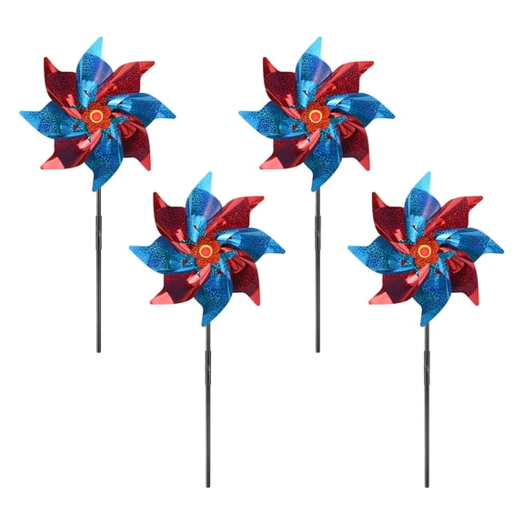 Uxcell 4-Pack Flower Wind Spinner Sparkly Lawn Pinwheels, 20 Inch Plastic Reflective Pinwheels for Party Decorations [Blue, Red]