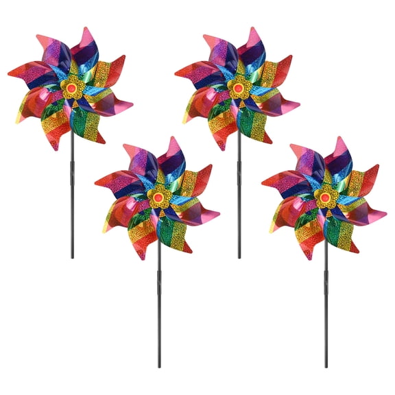 Uxcell 4-Pack Flower Wind Spinner Sparkly Lawn Pinwheels, 20 Inch Plastic Reflective Pinwheels for Party Decorations [Colorful]
