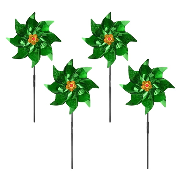 Uxcell 4-Pack Flower Wind Spinner Sparkly Lawn Pinwheels, 20 Inch Plastic Reflective Pinwheels for Party Decorations [Green]