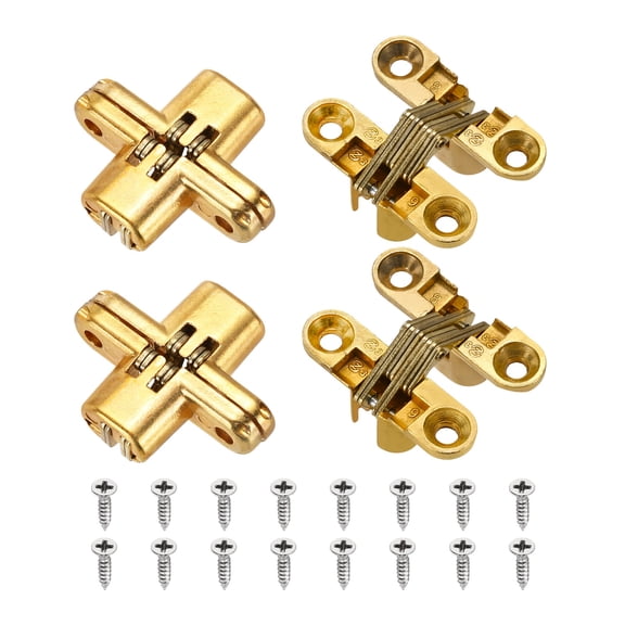 Uxcell 4 Pack Hidden Cabinet Door Hinges, 1.65" x 0.45" 180 Degree Cross Concealed Hinge for Wooden Box Invisible Door, Gold