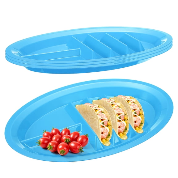 Uxcell 4 Pack Plastic Taco Plates for Party, 13x8.7" Taco Plate Plastic Serving Trays with 4 Stand Up Holder & 2 Dipping Areas for Daily Meals Restaurant Plating Picnic Tableware, Red
