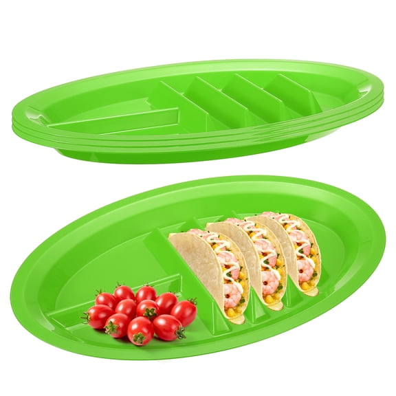 Uxcell 4 Pack Plastic Taco Plates for Party, 13x8.7" Taco Plate Plastic Serving Trays with 4 Stand Up Holder & 2 Dipping Areas for Daily Meals Restaurant Plating Picnic Tableware, Red