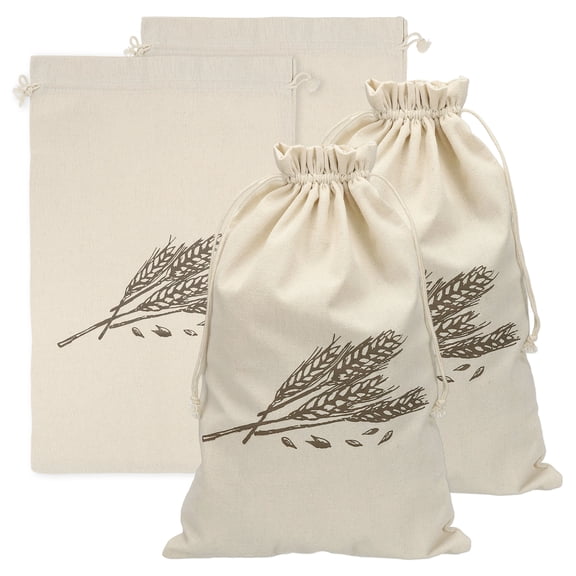Uxcell 4 Pack Reusable Bread Bags, 17.7 x 13.8" Drawstring Linen Bread Storage with Liner for Homemade Sourdough Beeswax Food Drawstring Closure, Wheat Print