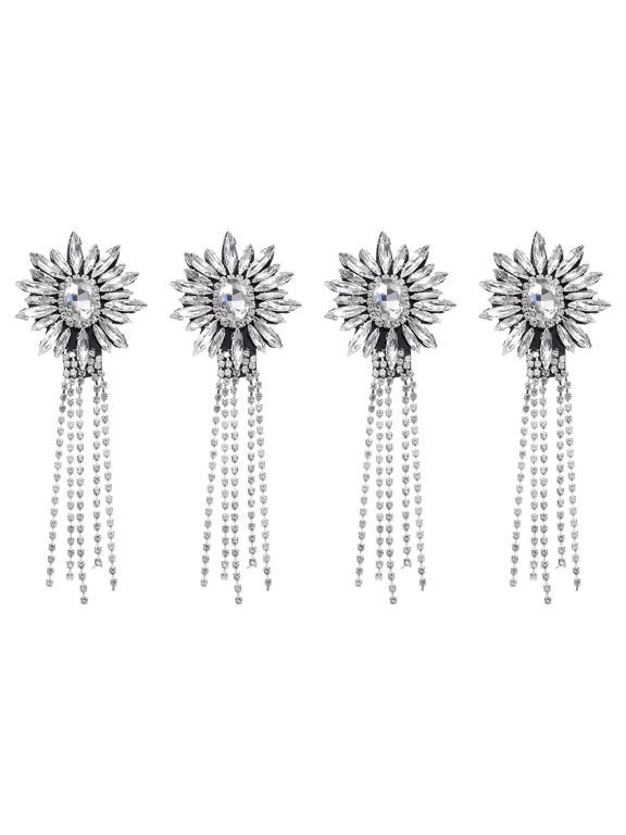 4 Pack Rhinestone Crystal Applique, 11 x 4cm Crystal Fringe Shoulder Epaulette Tassel Chain Sewing Applique Patches for Party Dresses Clothes Shoes DIY Craft, White