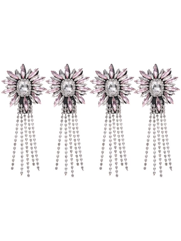 4 Pack Rhinestone Crystal Applique, 11 x 4cm Crystal Fringe Shoulder Epaulette Tassel Chain Sewing Applique Patches for Party Dresses Clothes Shoes DIY Craft, Pink