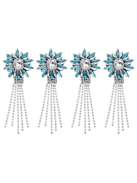4 Pack Rhinestone Crystal Applique, 11 x 4cm Crystal Fringe Shoulder Epaulette Tassel Chain Sewing Applique Patches for Party Dresses Clothes Shoes DIY Craft, Lake Blue