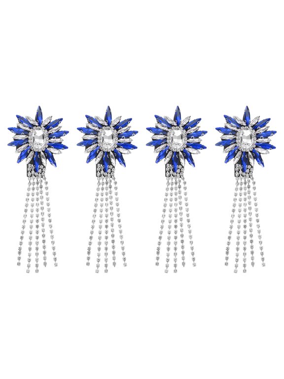 4 Pack Rhinestone Crystal Applique, 11 x 4cm Crystal Fringe Shoulder Epaulette Tassel Chain Sewing Applique Patches for Party Dresses Clothes Shoes DIY Craft, Sapphire Blue