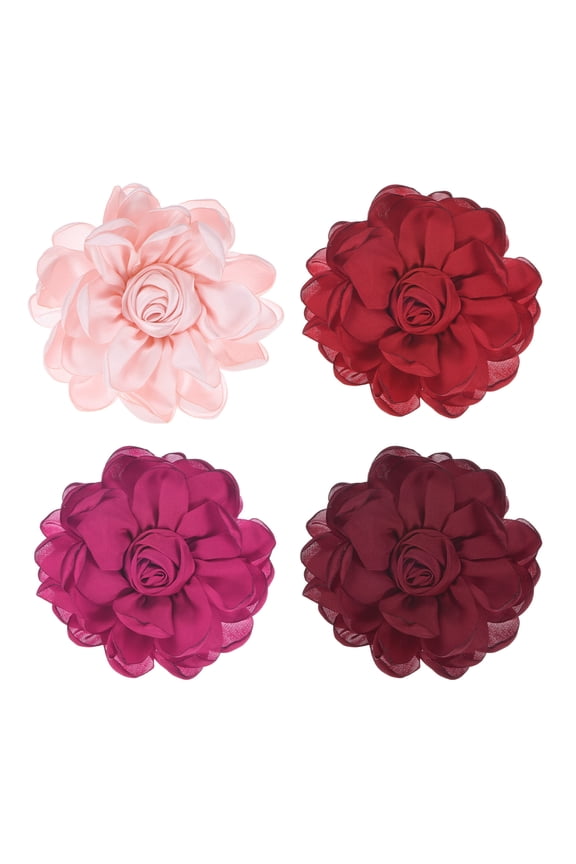 4 Pack Rose Flower Brooches and Pins for Women, Lapel Pins Dainty Satin Fabric Big Camellia Hair Flowers Clips Pink/Rose Pink/Wine Red/Red