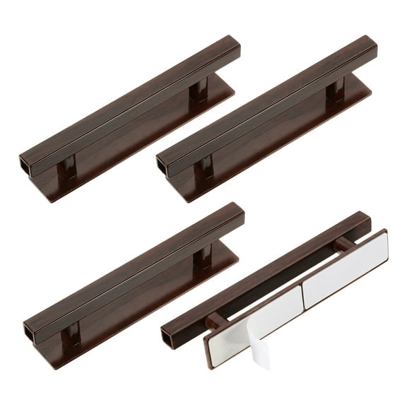 Uxcell 4 Pack Self-Stick Push Pull Helper, 6 Inch Plastic Adhesive Cabinet Handles Rectangle Stick-on Handle for Kitchen Cabinet Window Sliding Closet Door Wardrobe(Deep Wood Grain)