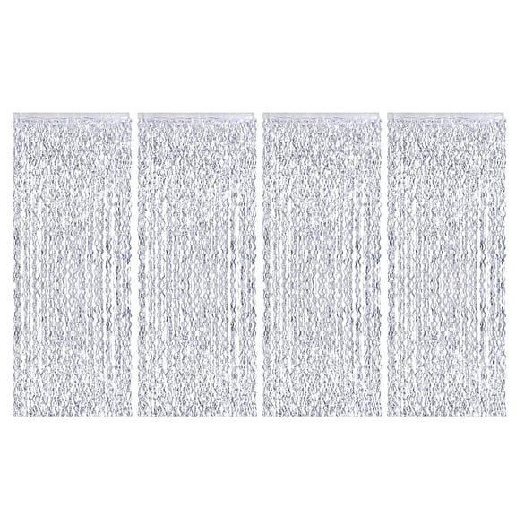 Uxcell 4-Pack Shiny Wave Tinsel Foil Fringe Curtain 3.3x6.6 ft Metallic Streamers Silver for Wedding Birthday Party Christmas