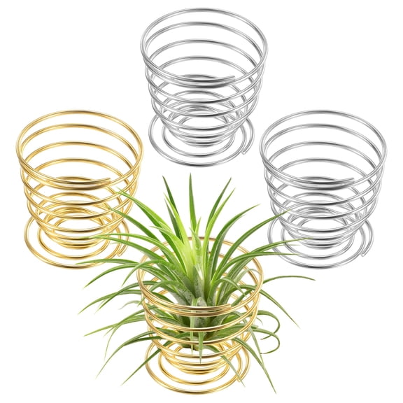 Uxcell 4-Pack Spring Air Plant Holders, Metal 1014 Stand Rack Holder for Small Indoor Outdoor Plants [Silver Tone, Gold Tone, 2.1" H]