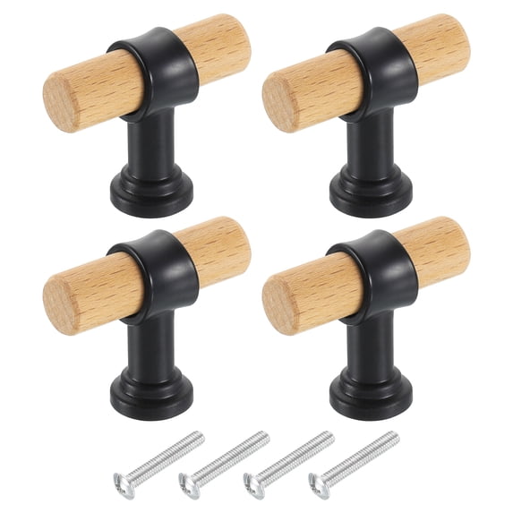 Uxcell 4 Pack T-Bar Wooden Drawer Pulls, 1.57" x 0.63" Wood Cabinet Pulls Single Hole Drawer Knobs with Black Base and Screws for Home Kitchen Room Closet Cupboard, Beech