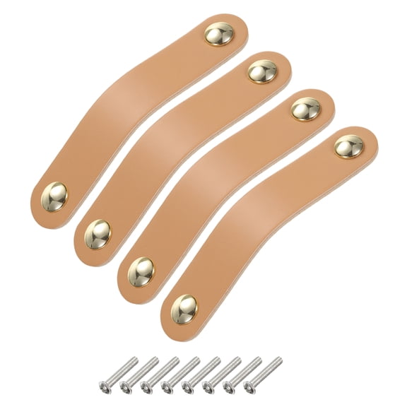 Uxcell 4 Packs Leather Drawer Pulls Double Hole Knobs with Screws, Beige/Gold(Hole Spacing:96mm)
