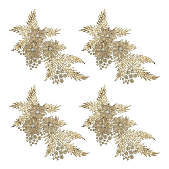 Uxcell 4 Pcs(2 Pairs) Flower Sequin Applique with Rhinestone Bead, 3D Embroidery Patch Sewing Addition Embellishments for Wedding Bridal Dress Clothes DIY Crafts Decor, Light Gold