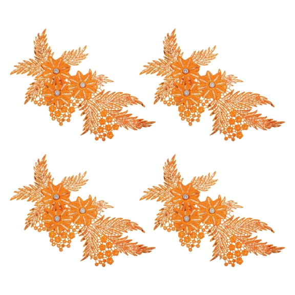 Uxcell 4 Pcs(2 Pairs) Flower Sequin Applique with Rhinestone Bead, 3D Embroidery Patch Sewing Addition Embellishments for Wedding Bridal Dress Clothes DIY Crafts Decor, Orange