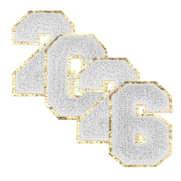 Uxcell 4 Pcs 3.15" White 2026 Chenille Number Patches, Chenille Iron-on Number Patches for DIY Jackets Backpacks Hats Jeans Embroidered Applique 2026 Graduation Decor, Terry