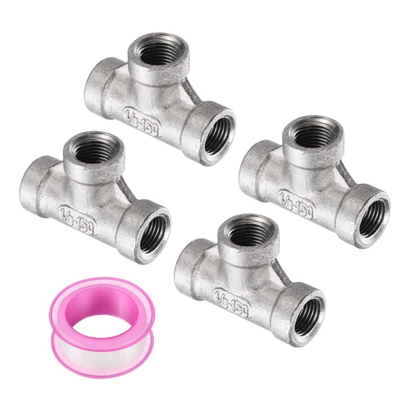 Uxcell 4 Pcs 304 Stainless Steel Tee Pipe Fittings G1/8 Female Tee Adapter 3 Way t Shaped Cast Pipe Fitting Connector with Seal Tape for Plumbing Drainage Pipes Heating Systems