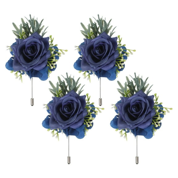 Uxcell 4 Pcs Blue Boutonnieres for Men, Artificial Flower Buttonholes Pocket for Wedding Bride Groom Ceremony Anniversary Prom Party