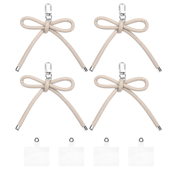 Uxcell 4 Pcs Bow Keychains PU Leather Key Chain Hanging Accessories Pendant Keychain Clip for Women Car Key Phone Charm Purse Bag Backpack Hanging Decorations, Beige