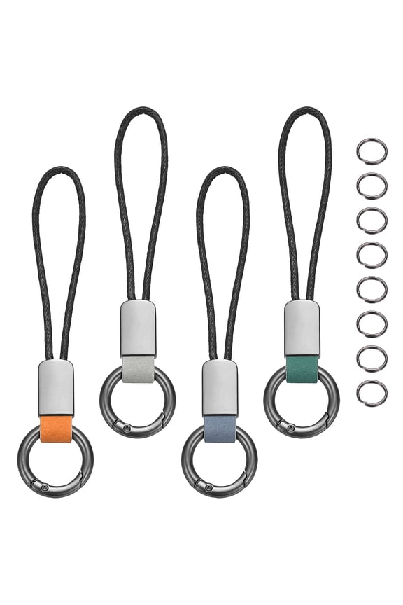 4 Pcs Car Keychain Finger Ring, Leather Keyring Short Zinc Alloy Lanyard with Metal Ring Key Chain Fob Holder for Men Women Key Cover, Card Case Bag, Orange/Green/Gray/Dark Blue