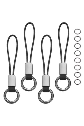 4 Pcs Car Keychain Finger Ring, Leather Keyring Short Zinc Alloy Lanyard with Metal Ring Key Chain Fob Holder for Men Women Key Cover, Black