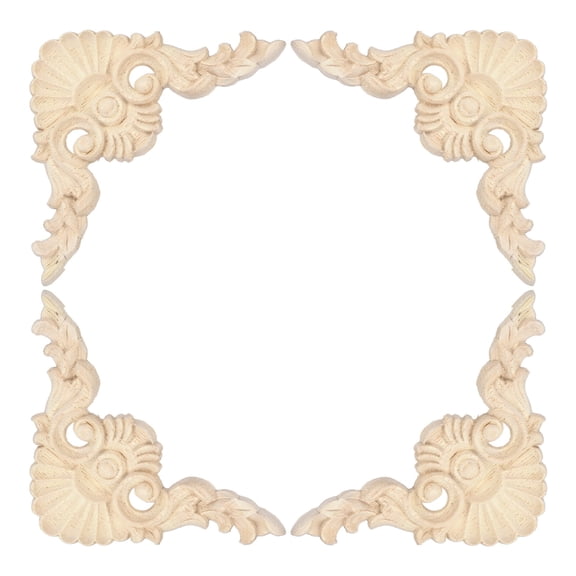 Uxcell 4 Pcs Corner Wood Appliques, 4 x 4 Inch Decorative Wood Flower Carved Appliques Onlays Unpainted Solid Wooden Decals Shell Top for Furniture Cabinet Door Closet