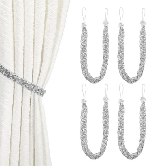 Uxcell 4 Pcs Curtain Tiebacks, 58cm/23 Braided Drapery Holdback Holder Curtain Ties Holdbacks Elegant Window Rope Tie Back, Light Silver
