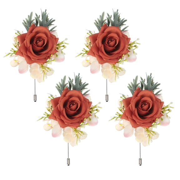 Uxcell 4 Pcs Dark Orange Boutonnieres for Men, Artificial Flower Buttonholes Pocket for Wedding Bride Groom Ceremony Anniversary Prom Party