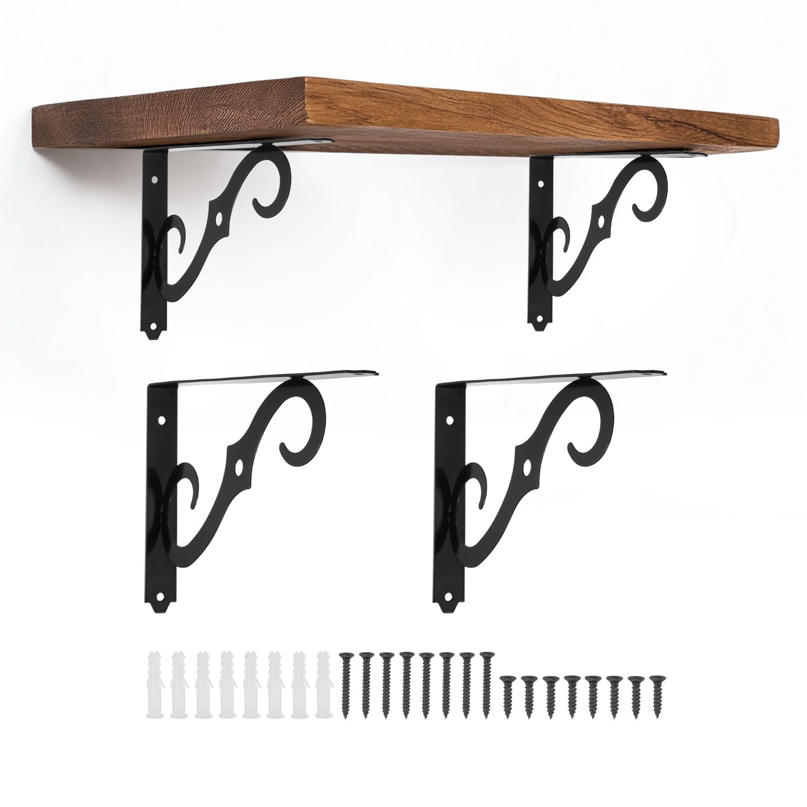 Uxcell 4 Pcs Decorative Shelf Brackets, 10" x 7" Heavy Duty Floating Shelf Brackets for Wall Bookshelves Shelves Support, Black