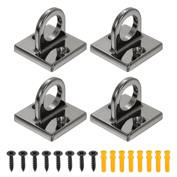 Uxcell 4 Pcs Eye Plate Hook, Zinc Alloy Metal Ceiling Hook Eye Pad Loop with 8 Screws 8 Expansion Screws for Ropes Chains Hanging Signs Barrier Lines Hanging Plants, Black
