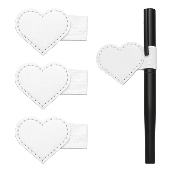Uxcell 4 Pcs Heart Pen Loop Holder for Notebook, Self Adhesive Pen Holder PU Leather Pencil Elastic Loop Designed for Tablet, Journals Clipboards Notebooks(White, Style2)