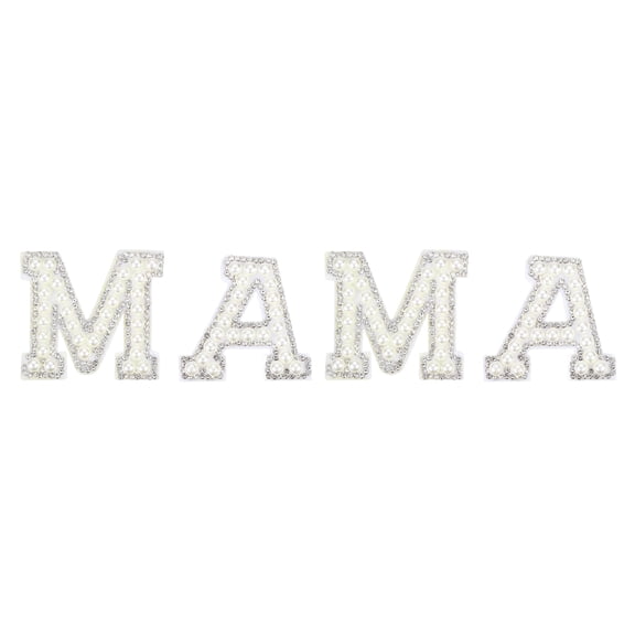 Uxcell 4 Pcs Letter Iron on Patches,1.8" Pearl Rhinestone Letter MAMA Patch Glitter Alphabet Fabric Applique for Clothes Bags Hats DIY Supplies, White