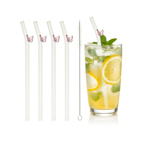 Uxcell 4 Pcs Reusable Glass Straws, 7.87" Butterfly Glass Straw Shatter Resistant Clear Cute Straws for Whiskey Coffee Juice Soda Drinks Tea, Pink
