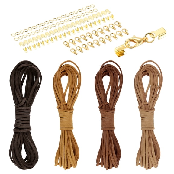 Uxcell 4 Pcs Suede Cord, 5.5 Yards Flat Faux Leather Cord Soft Durable Leather String with Gold Closed-Mouth Ring Rope Clip Lobster Clasps for Art Crafts, Coffee Series