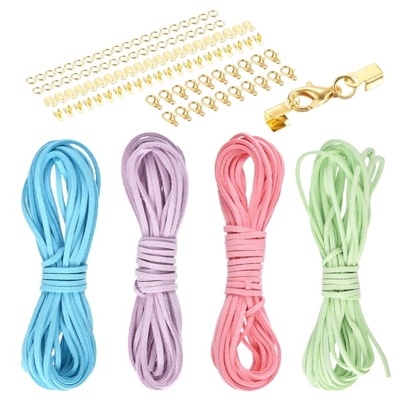 Uxcell 4 Pcs Suede Cord, 5.5 Yards Flat Faux Leather Cord Soft Durable Leather String with Gold Closed-Mouth Ring Rope Clip Lobster Clasps for Art Crafts, Pink/Blue/Purple/Green